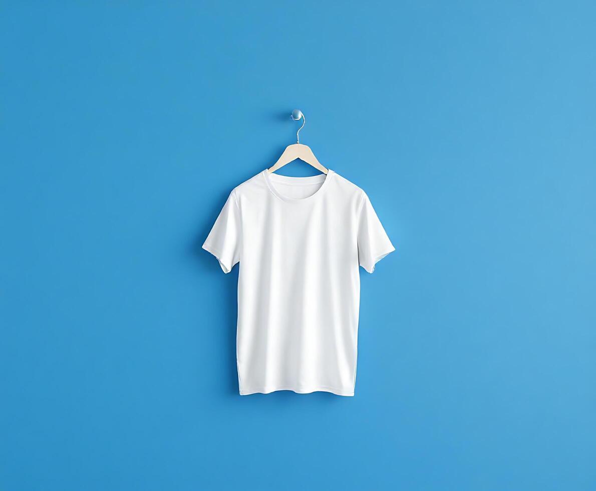 white t shirt blank mockup on solid color background. Dual side mockup. Front side and backside blank space. blue green yellow pink photo