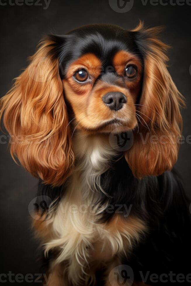 Cavalier King Charles Spaniel dog portrait on a dark background. Studio pet portrait. photo