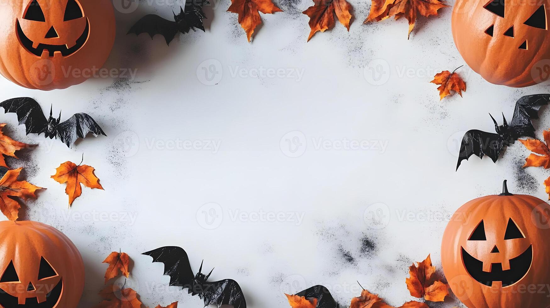 Halloween theme Bats, pumpkins, skeleton and leaves on light colored background photo
