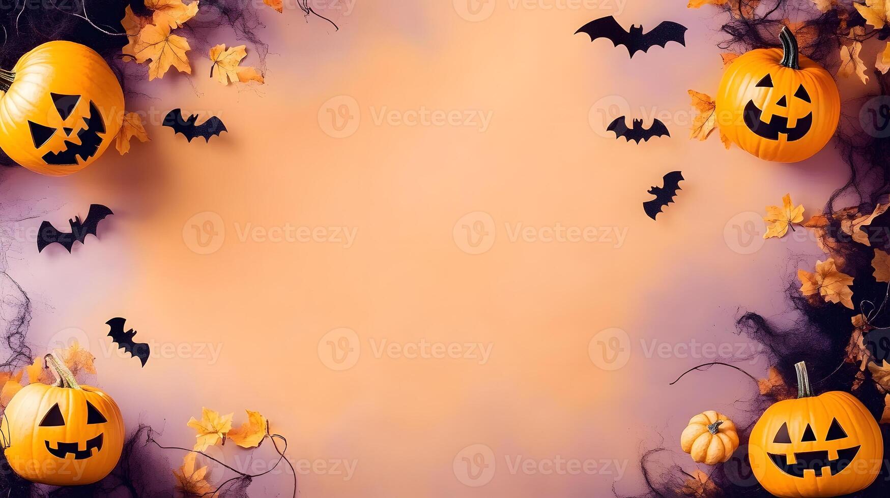 Halloween theme Bats, pumpkins, skeleton and leaves on light colored background photo