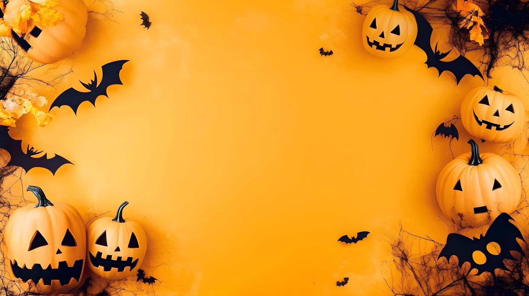 Halloween theme Bats, pumpkins, skeleton and leaves on orange background photo