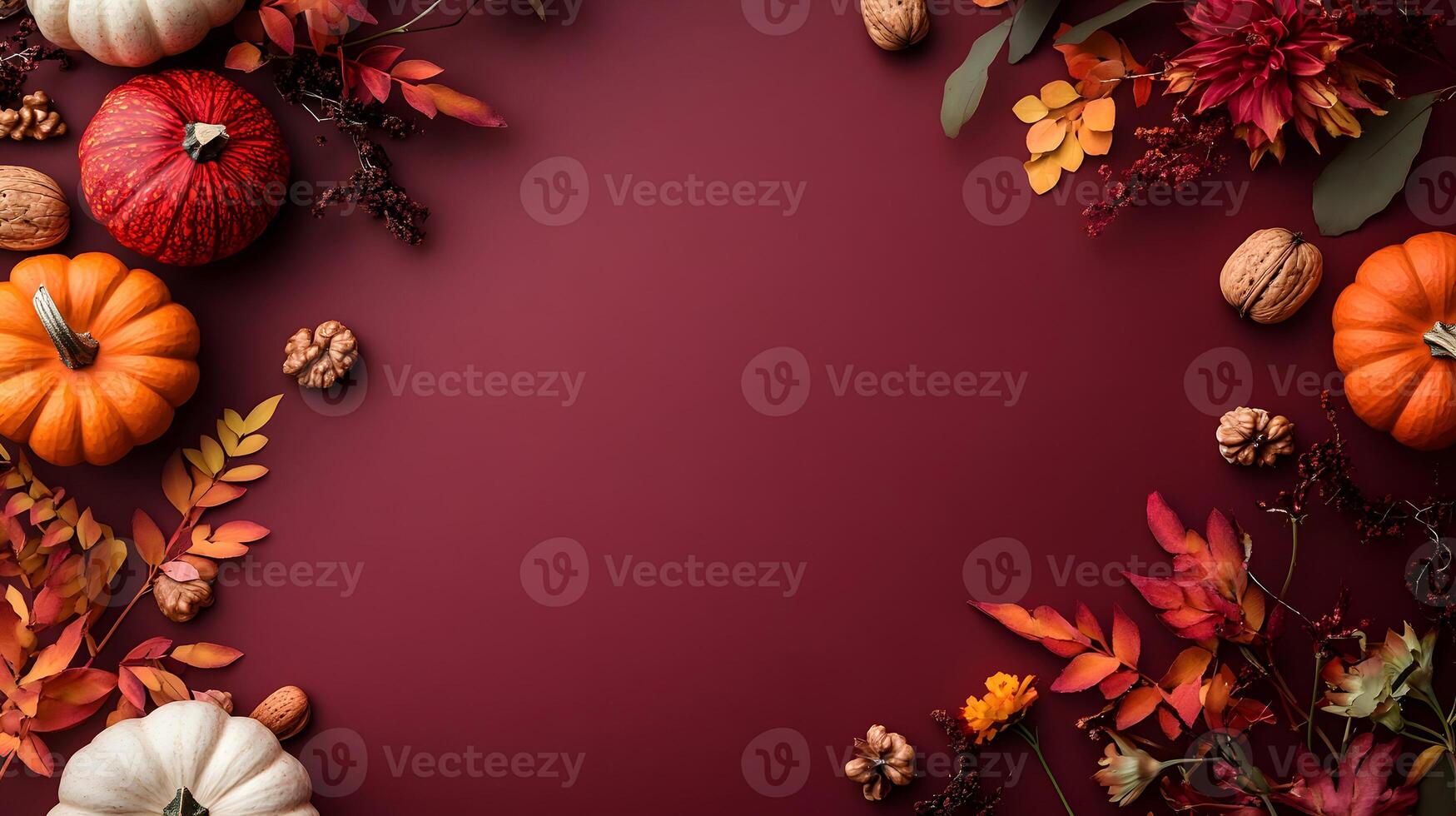 Autumn burgundy background with pumpkins and walnuts photo