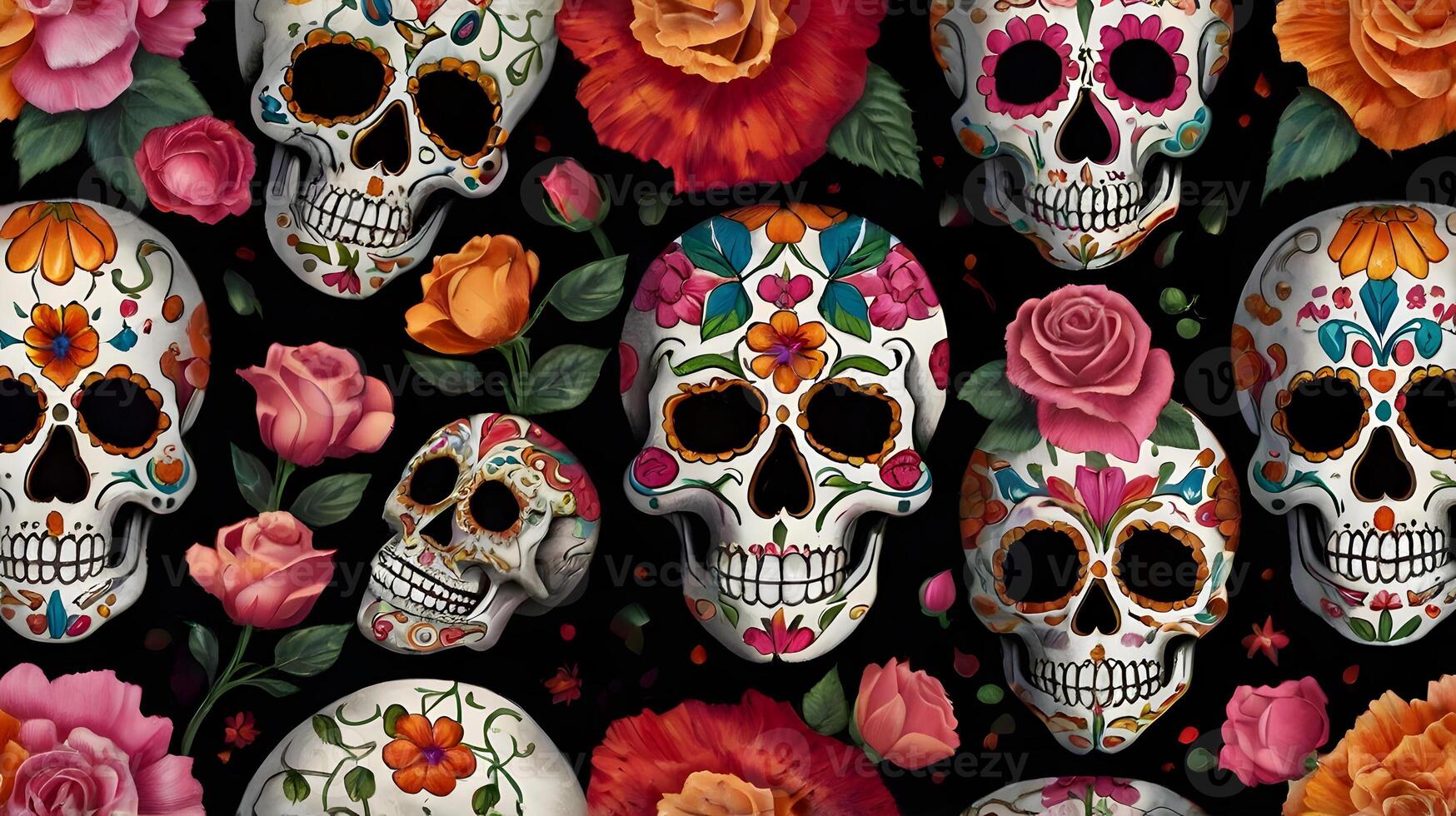 Vibrant and colorful image featuring a decorative skull in the style of Dia de los Muertos Day of the Dead photo