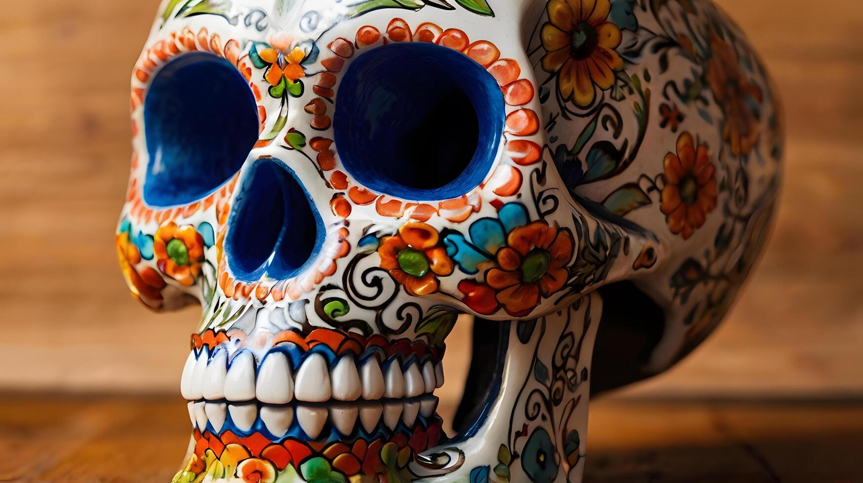 A colorful sugar skull on a wooden table photo
