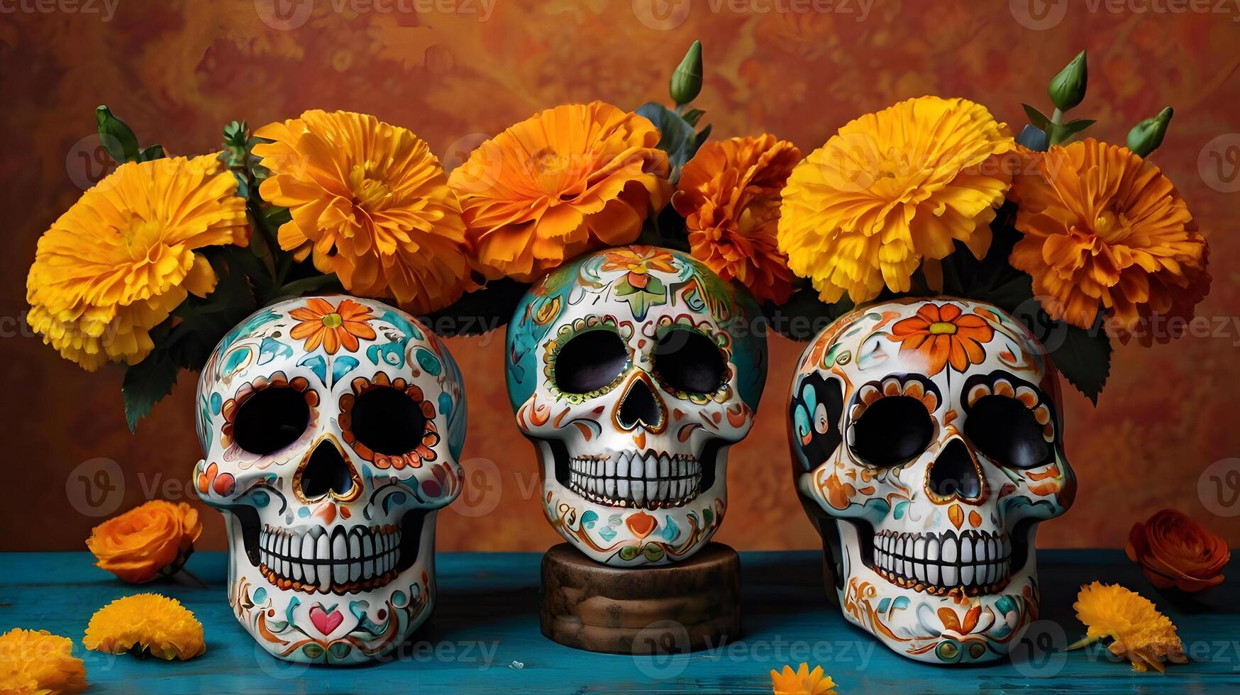 Vibrant and colorful image featuring a decorative skull in the style of Dia de los Muertos Day of the Dead photo