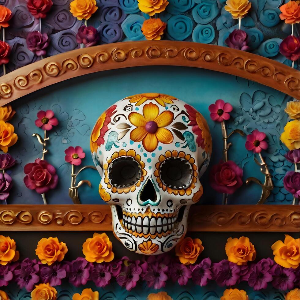 Vibrant and colorful image featuring a decorative skull in the style of Dia de los Muertos Day of the Dead photo