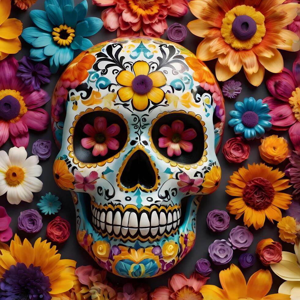 Vibrant and colorful image featuring a decorative skull in the style of Dia de los Muertos Day of the Dead photo