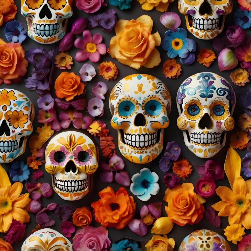 Vibrant and colorful image featuring a decorative skull in the style of Dia de los Muertos Day of the Dead photo