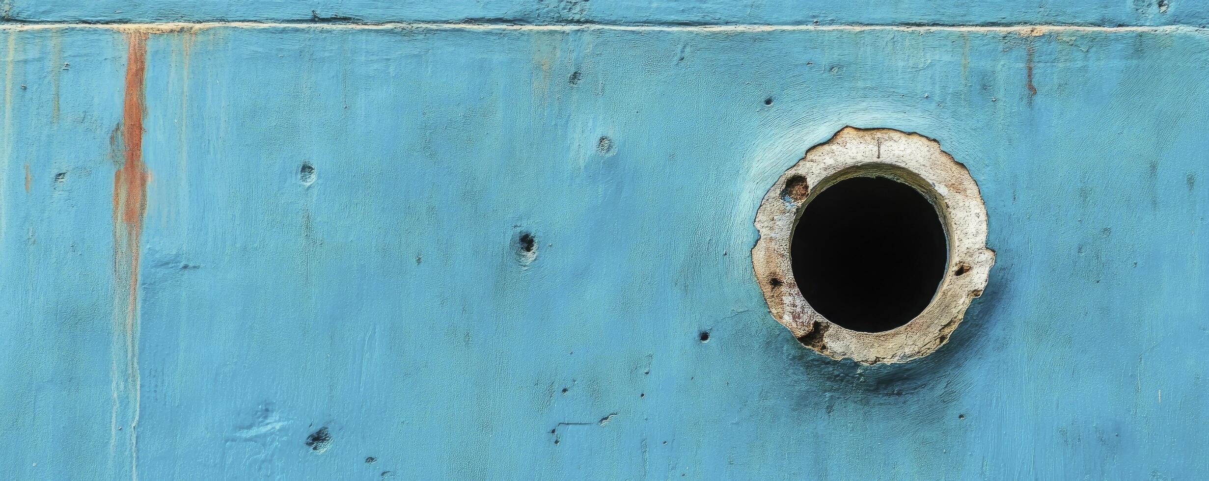 old blue painted wall with hole photo