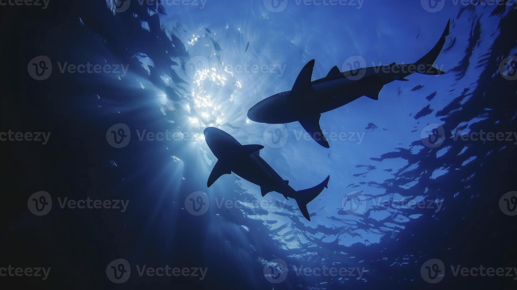 Silhouette of two sharks swimming in the deep blue sea, with sunlight shining through from above photo
