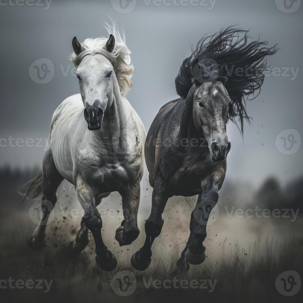 two horses running side by side in speed on dry soil field photo
