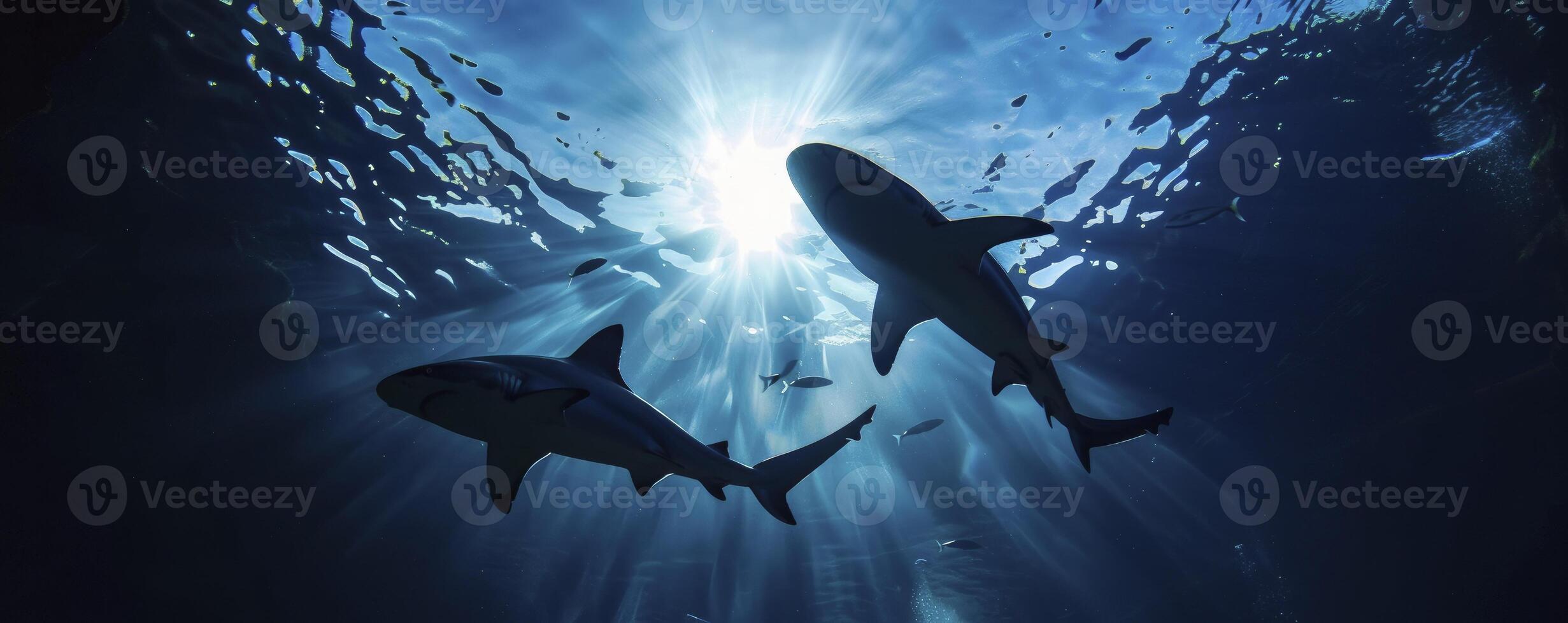Silhouette of two sharks swimming in the deep blue sea, with sunlight shining through from above photo