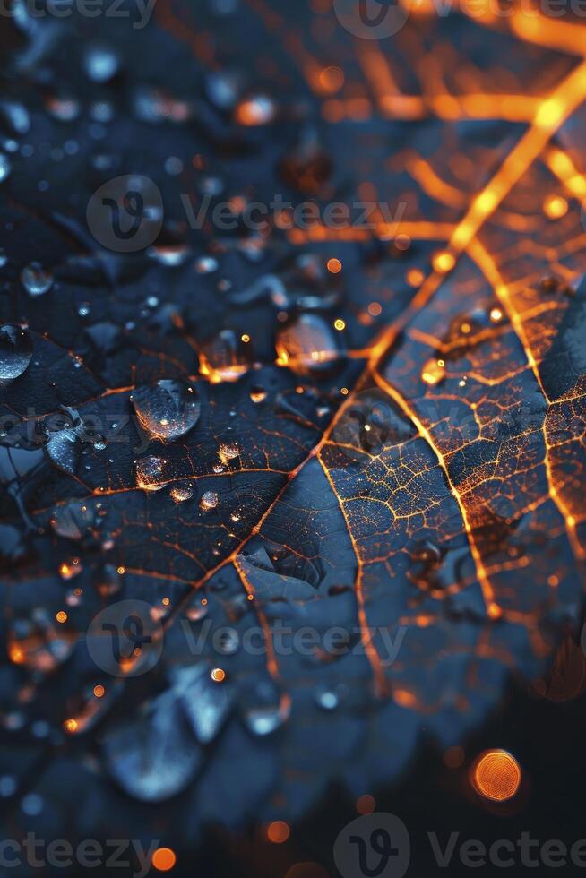 intricate surface of dark blue leaf with water droplets, orange lights with dark bokeh background photo