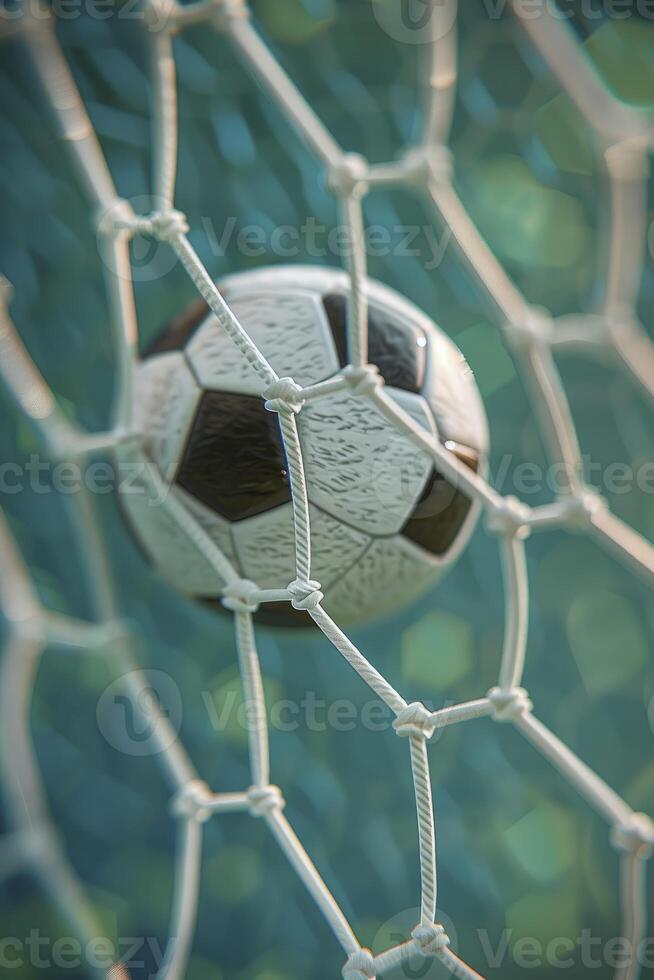 A soccer ball in goal post net with green field background photo