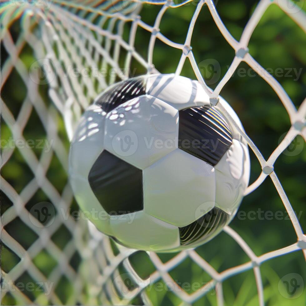 A soccer ball in goal post net with green field background photo