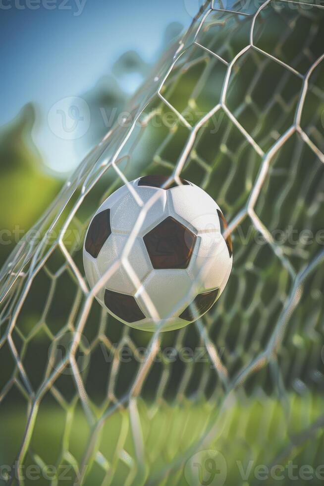 A soccer ball in goal post net with green field background photo