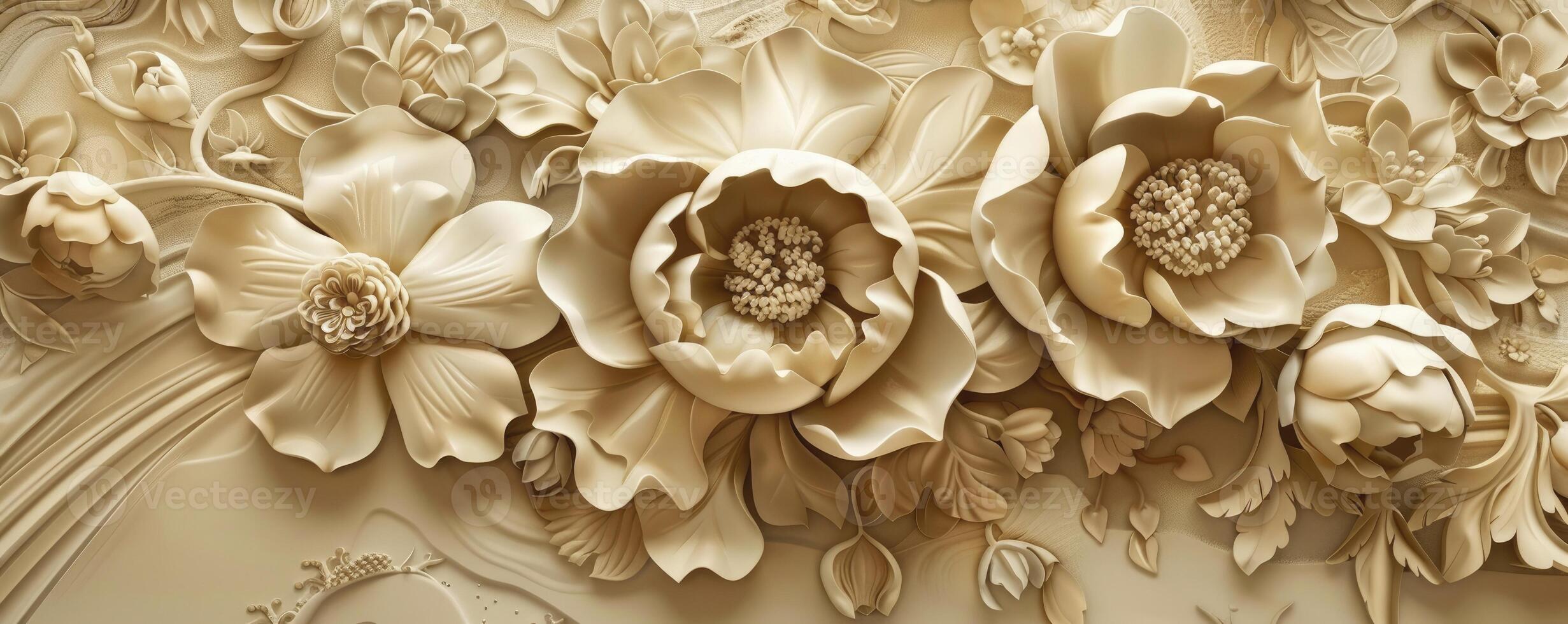 beige colour wood carving in flower pattern design stretch ceiling decoration photo