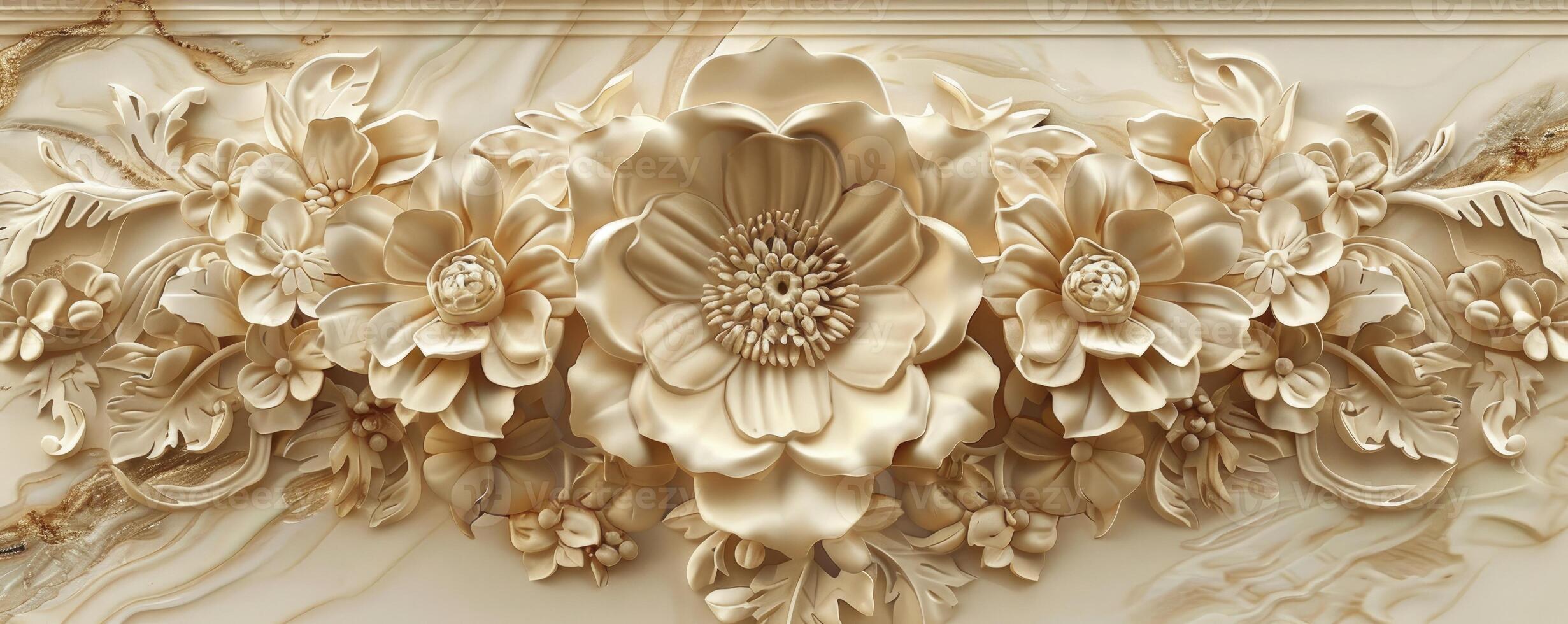 beige colour wood carving in flower pattern design stretch ceiling decoration photo