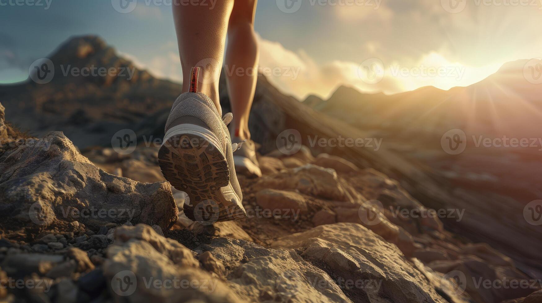 closeup of a womans feet in running shoes on a mountain trail with shiny sky and mountain background photo