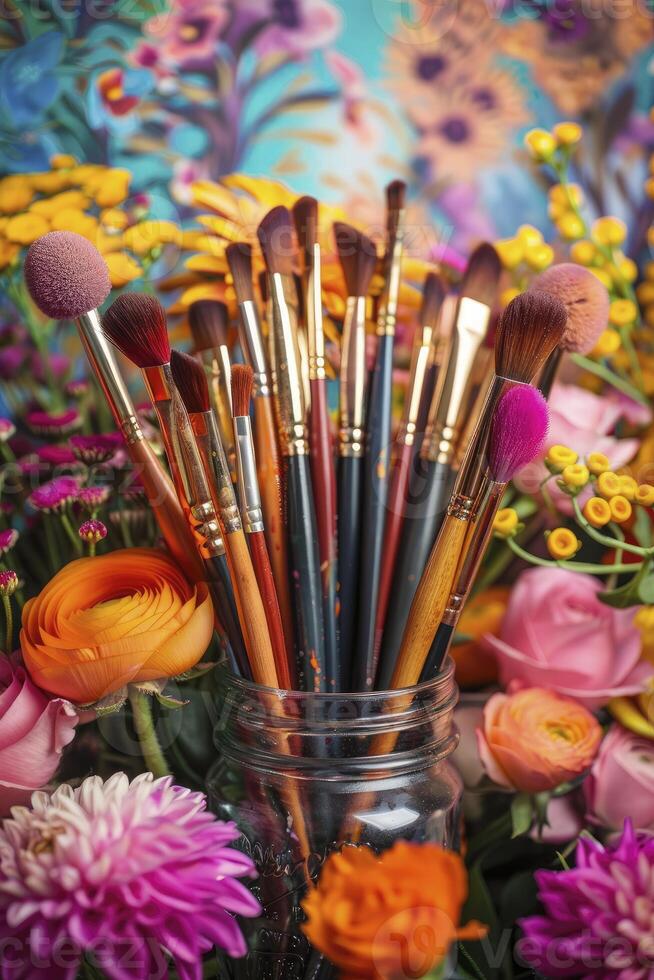 A vibrant and colorful background with an array of paintbrushes in a jar and surrounded by blooming flowers photo