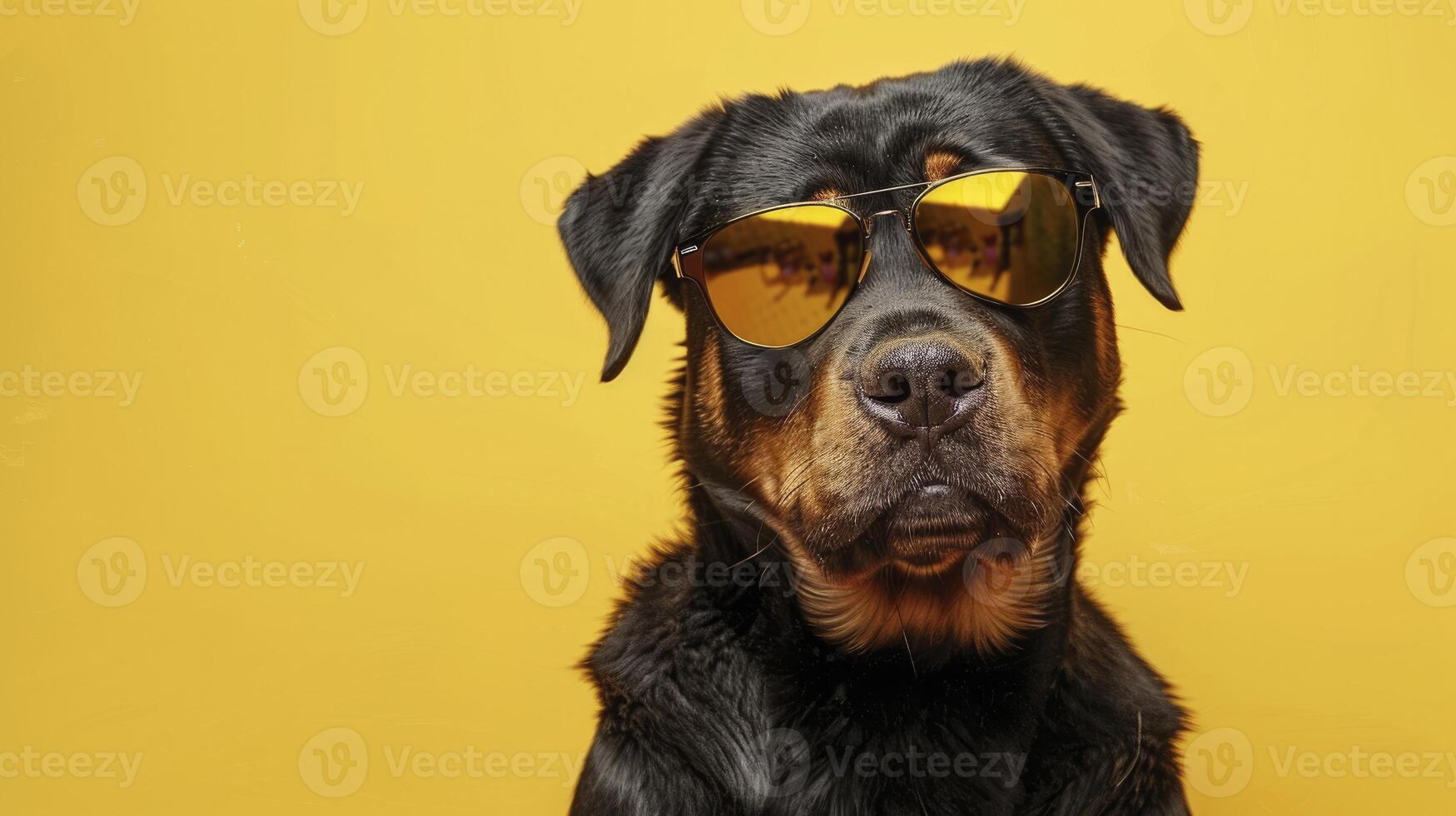 Rottweiler dog wearing black sunglasses on yellow background photo