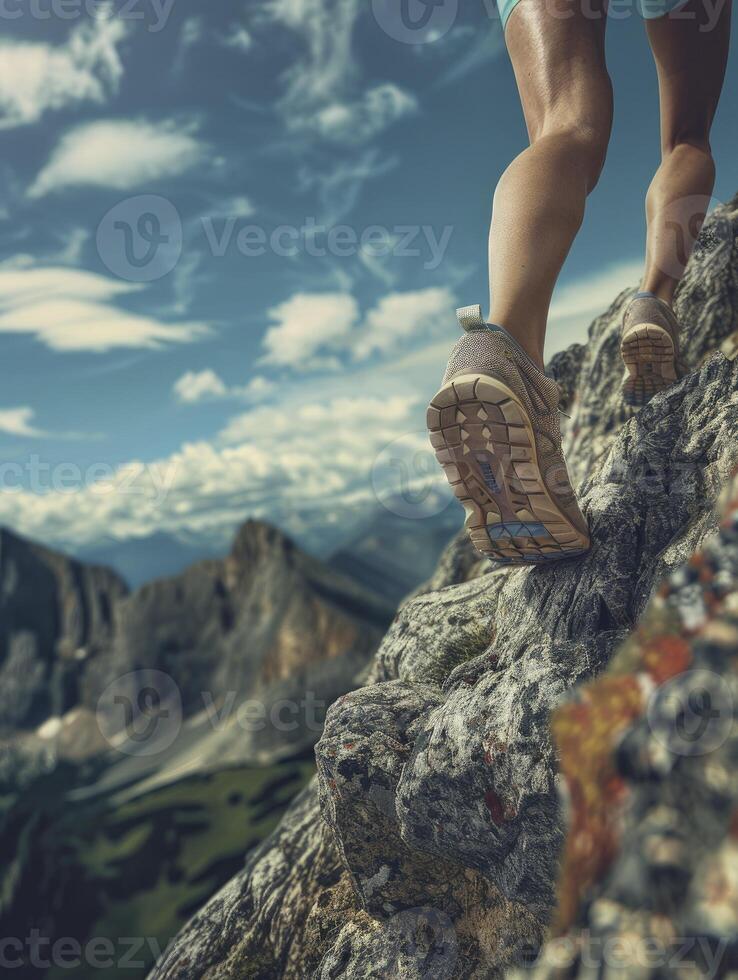 closeup of a womans feet in running shoes on a mountain trail with shiny sky and mountain background photo