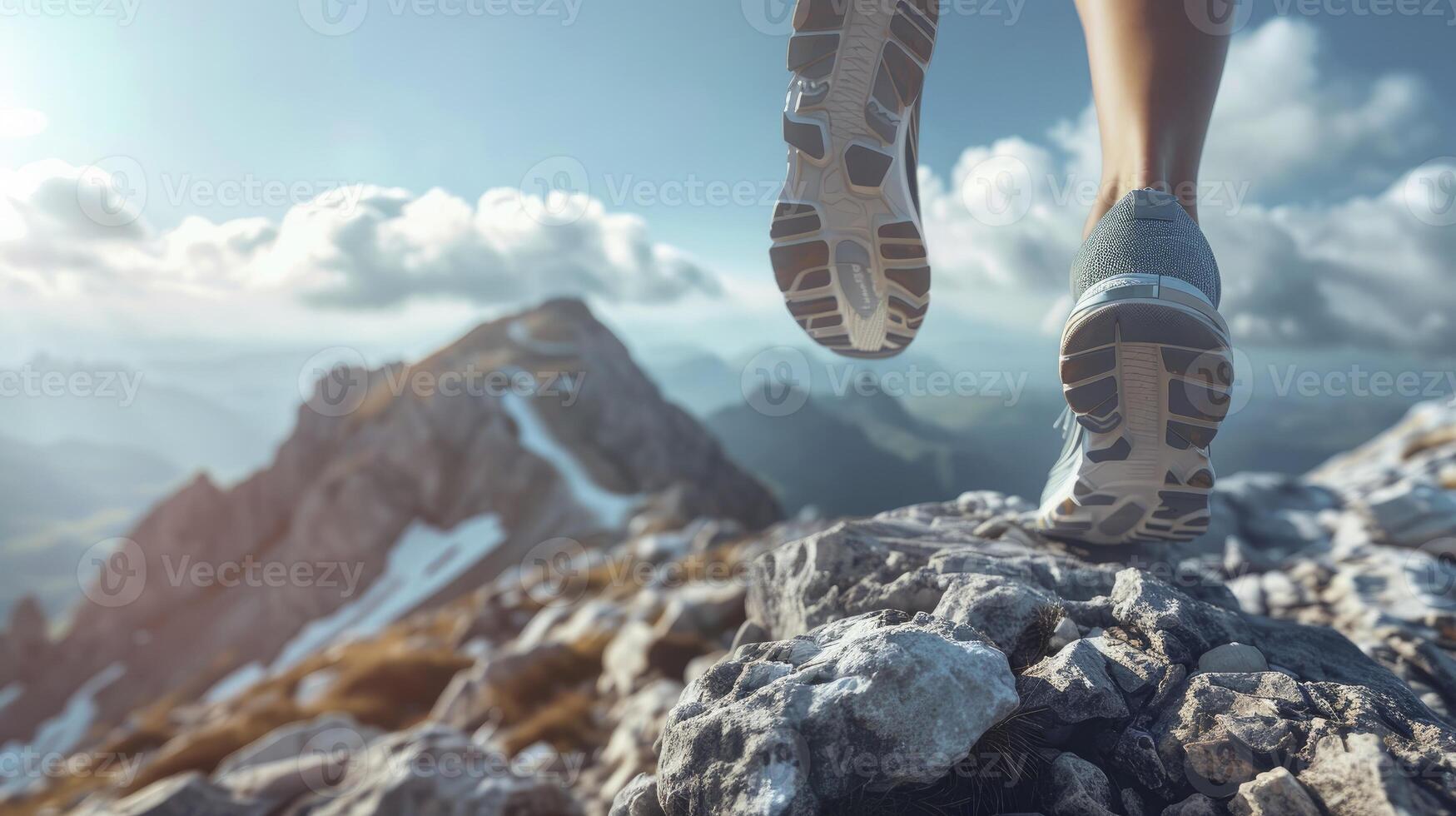 closeup of a womans feet in running shoes on a mountain trail with shiny sky and mountain background photo