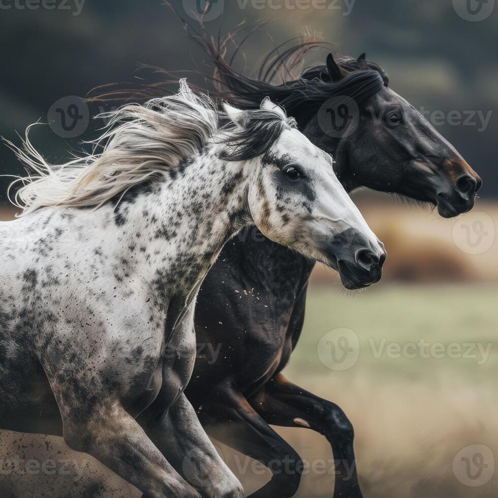 two horses running side by side in speed on dry soil field photo