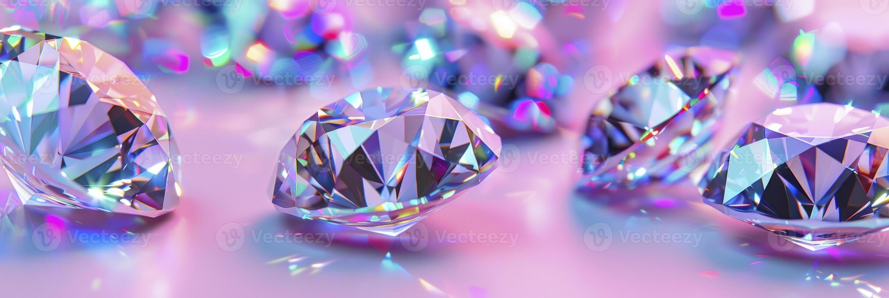 shiny diamonds in holographic iridescent rainbow colors in pink background photo