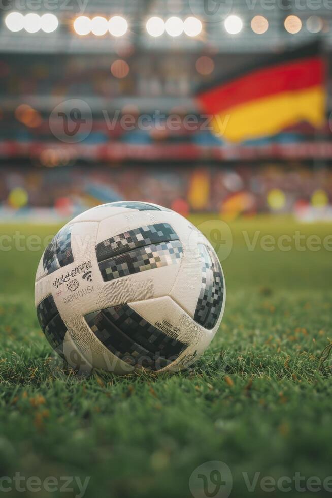 closeup of a soccer ball on grass in a stadium with blurred fans and flags of Germany in the background photo