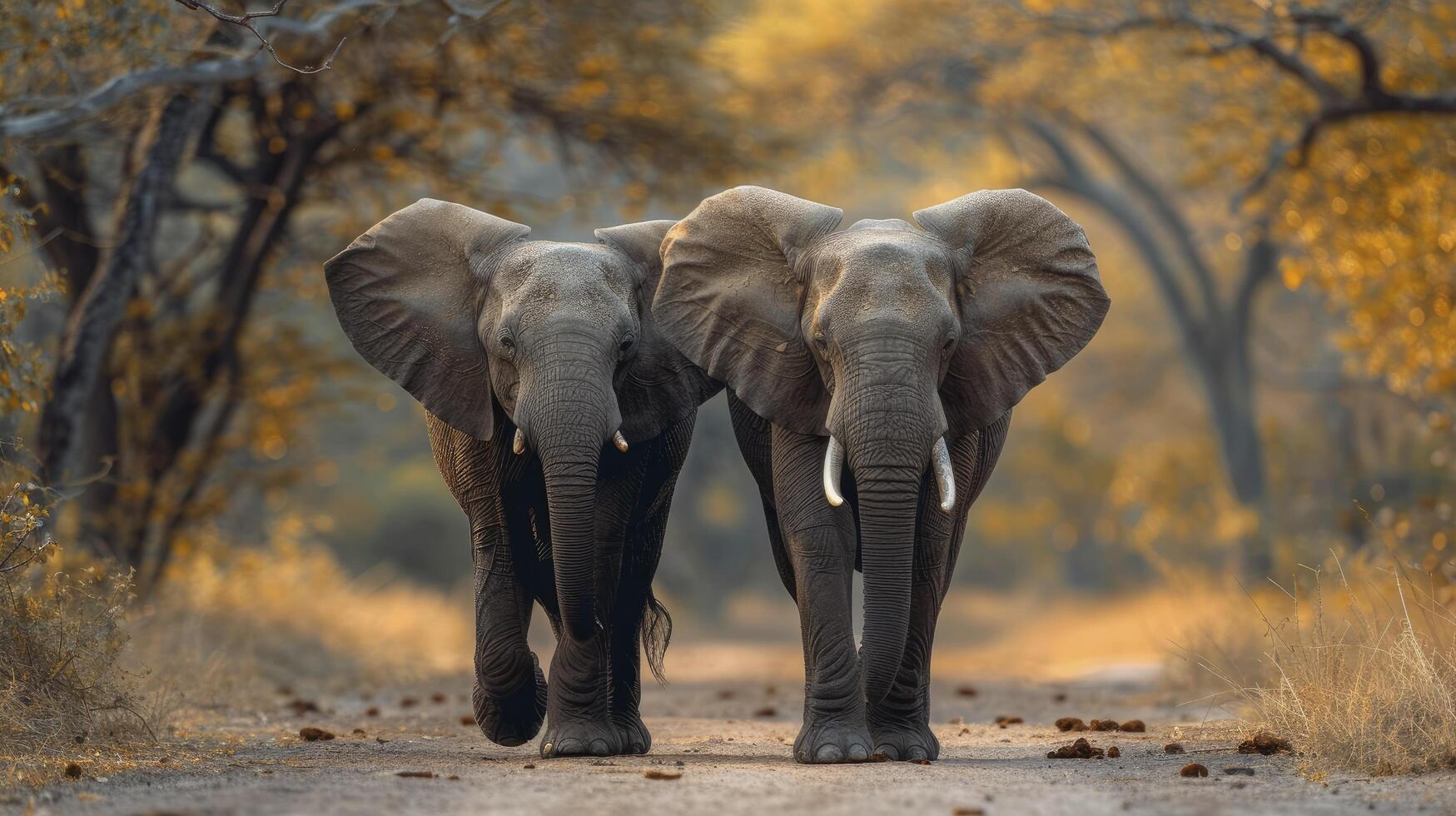 Two elephants walk side by side on a long path on jungle photo