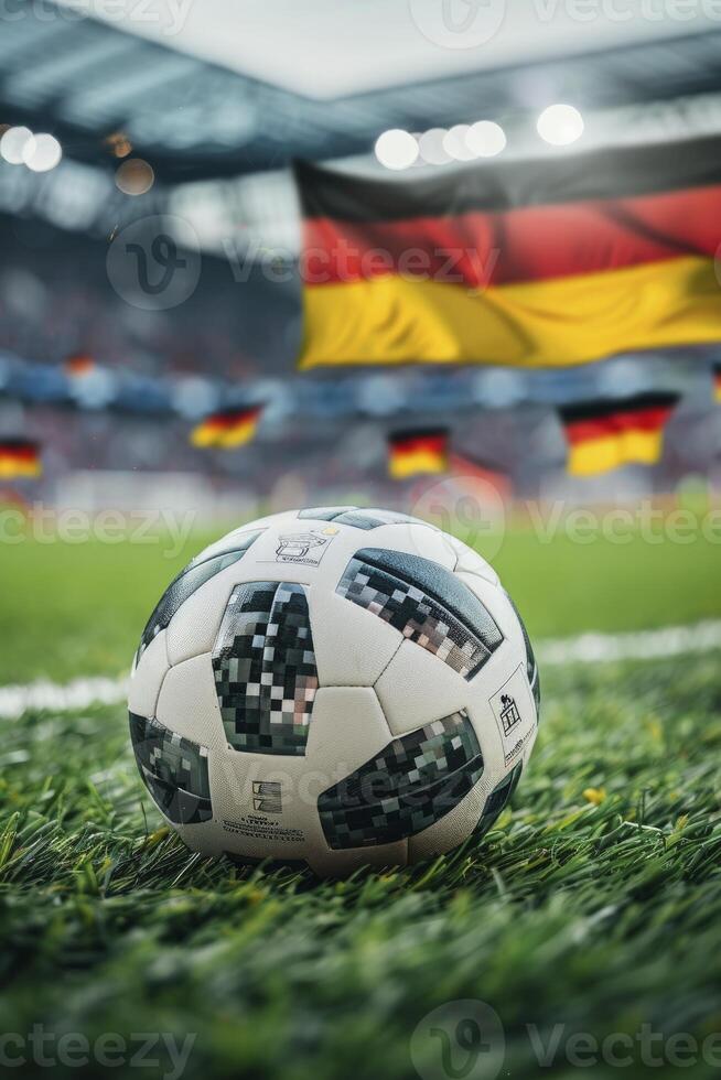 closeup of a soccer ball on grass in a stadium with blurred fans and flags of Germany in the background photo