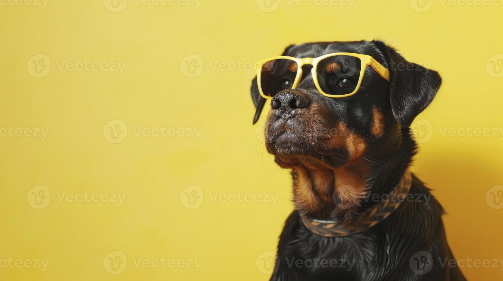 Rottweiler dog wearing black sunglasses on yellow background photo