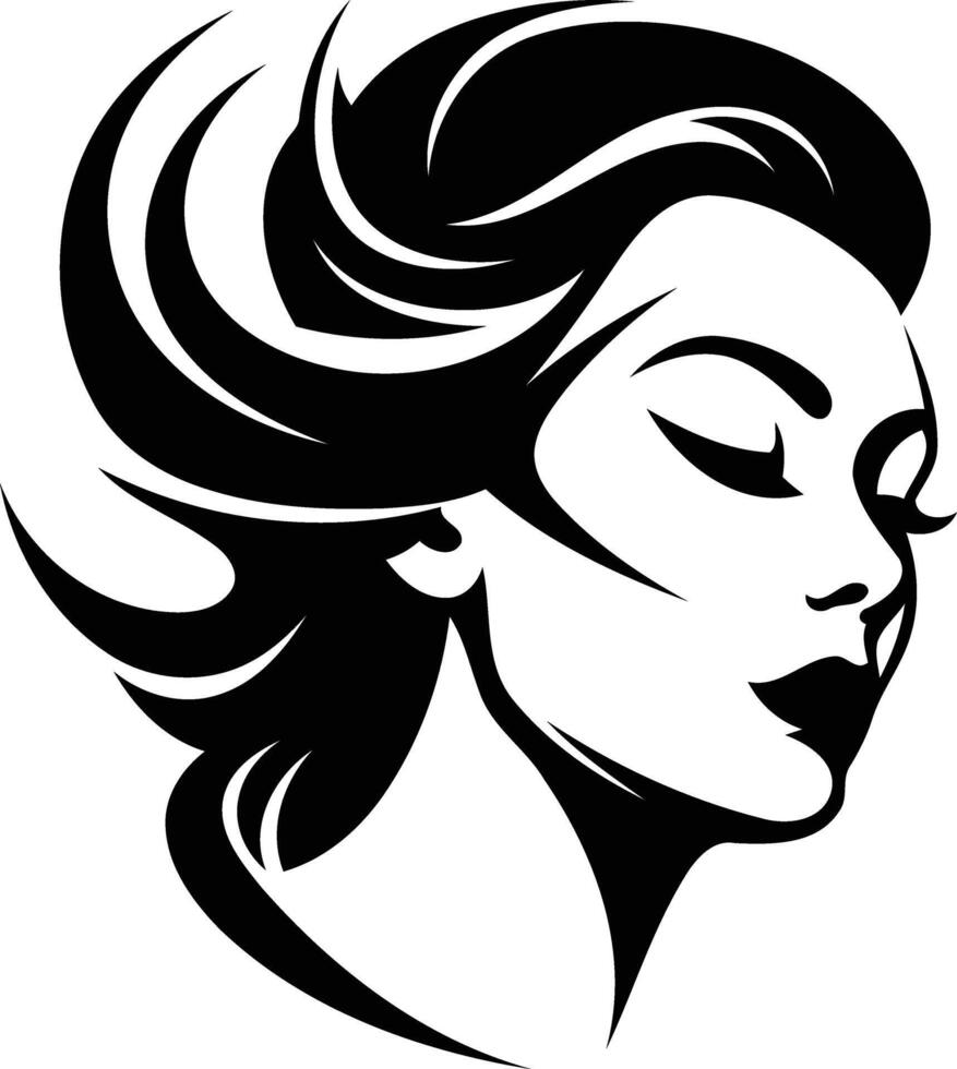 Elegant black and white element illustration of a woman s face with flowing hair vector