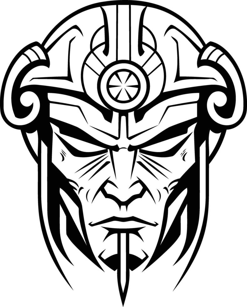 Intricate line art design of a warrior s face with ornate helmet, perfect for tattoo inspiration, branding, and graphic design projects vector