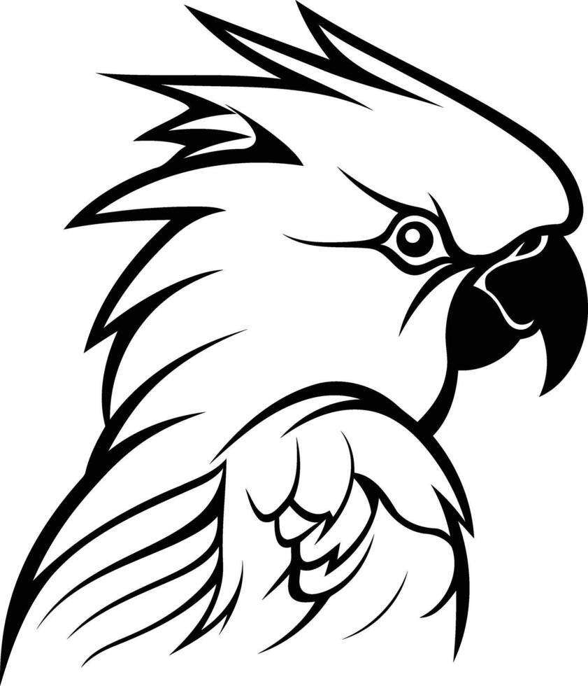 A bold and stylized black and white line art illustration of a parrot s head, perfect for tattoos, branding, or logo design vector