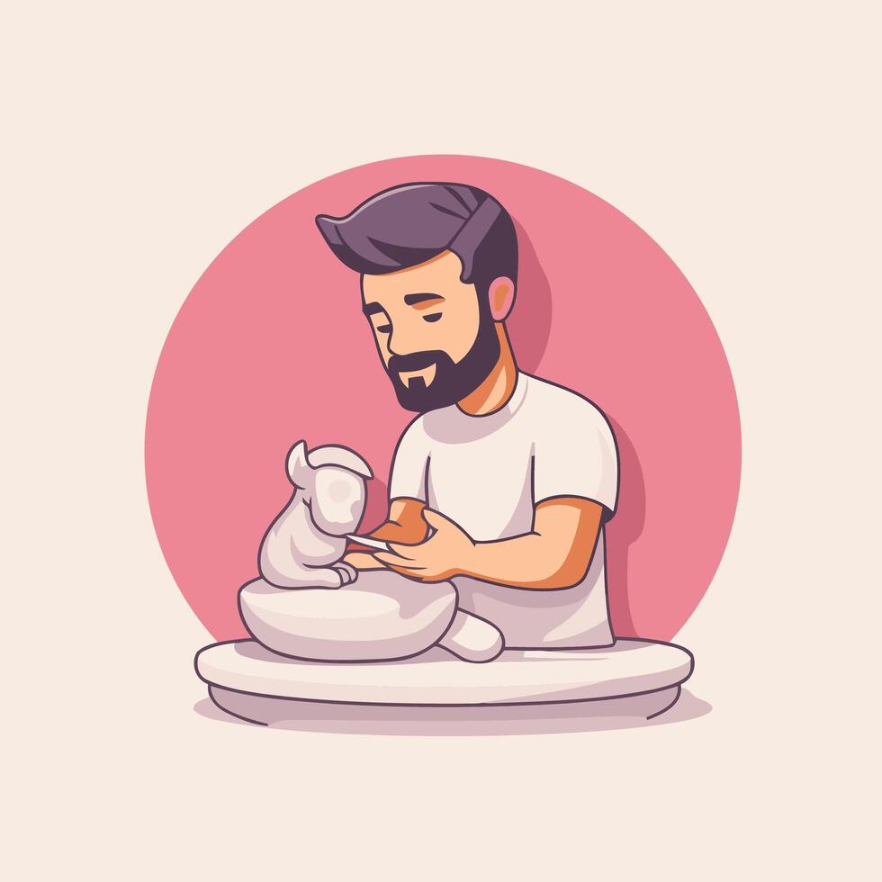 Handsome man with a beard in a white t shirt paints a ceramic cat illustration vector