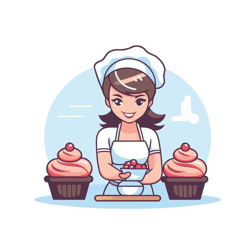Cute chef girl with cupcakes element illustration in cartoon style vector