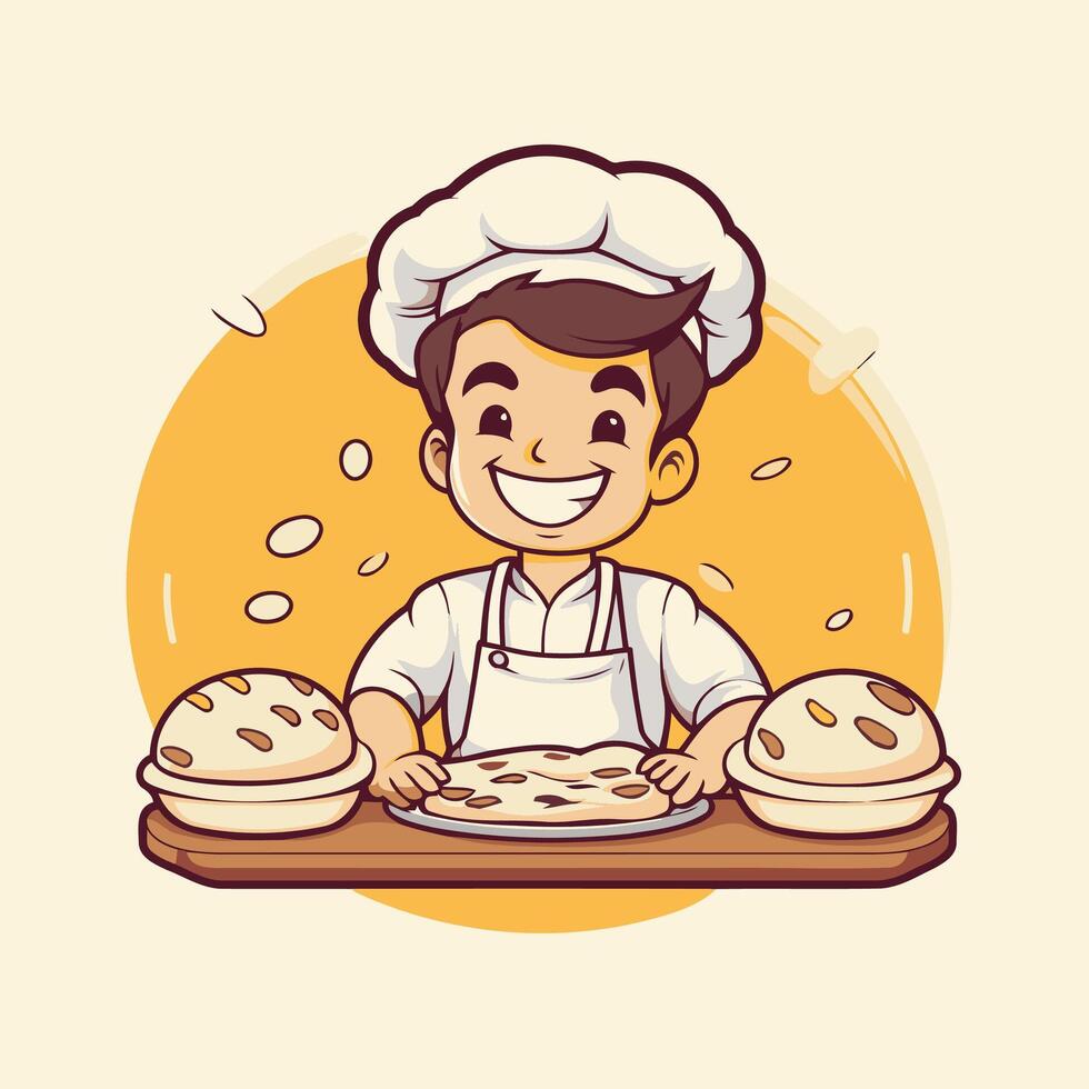 Chef boy holding plate with pancakes illustration in cartoon style vector