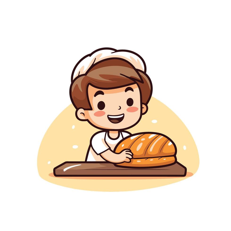 Cute baker boy with bread illustration on white background vector