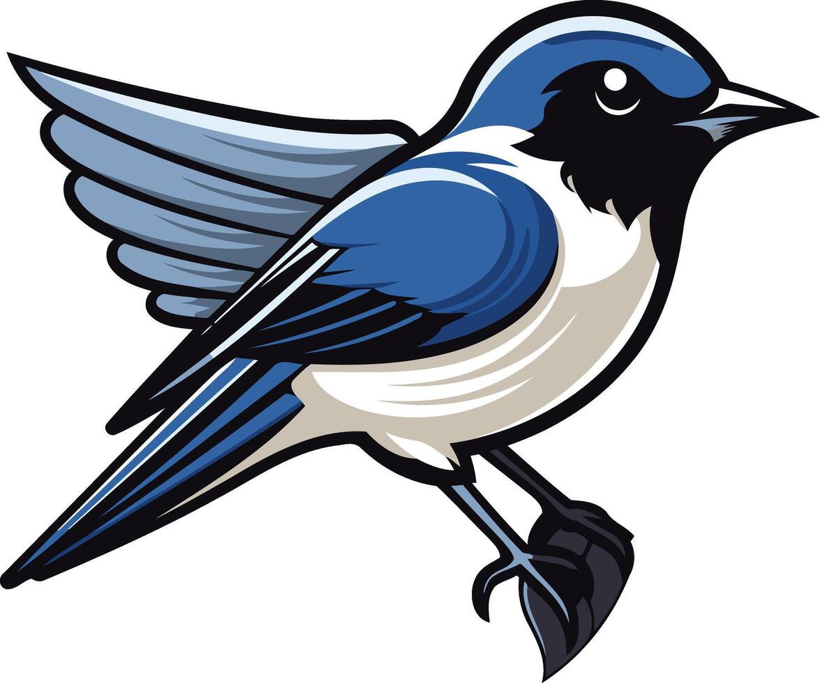 A vibrant bluebird with a black eye and beak, spread wings, and a white belly vector
