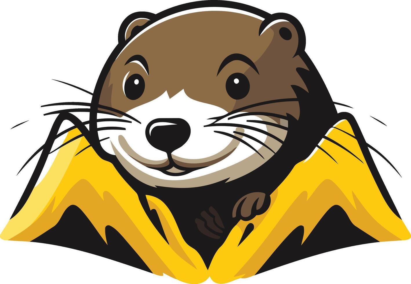 A cute and friendly cartoon otter peeking out from behind a yellow and black cape, perfect for a mascot logo, children s book illustrations, or playful branding vector