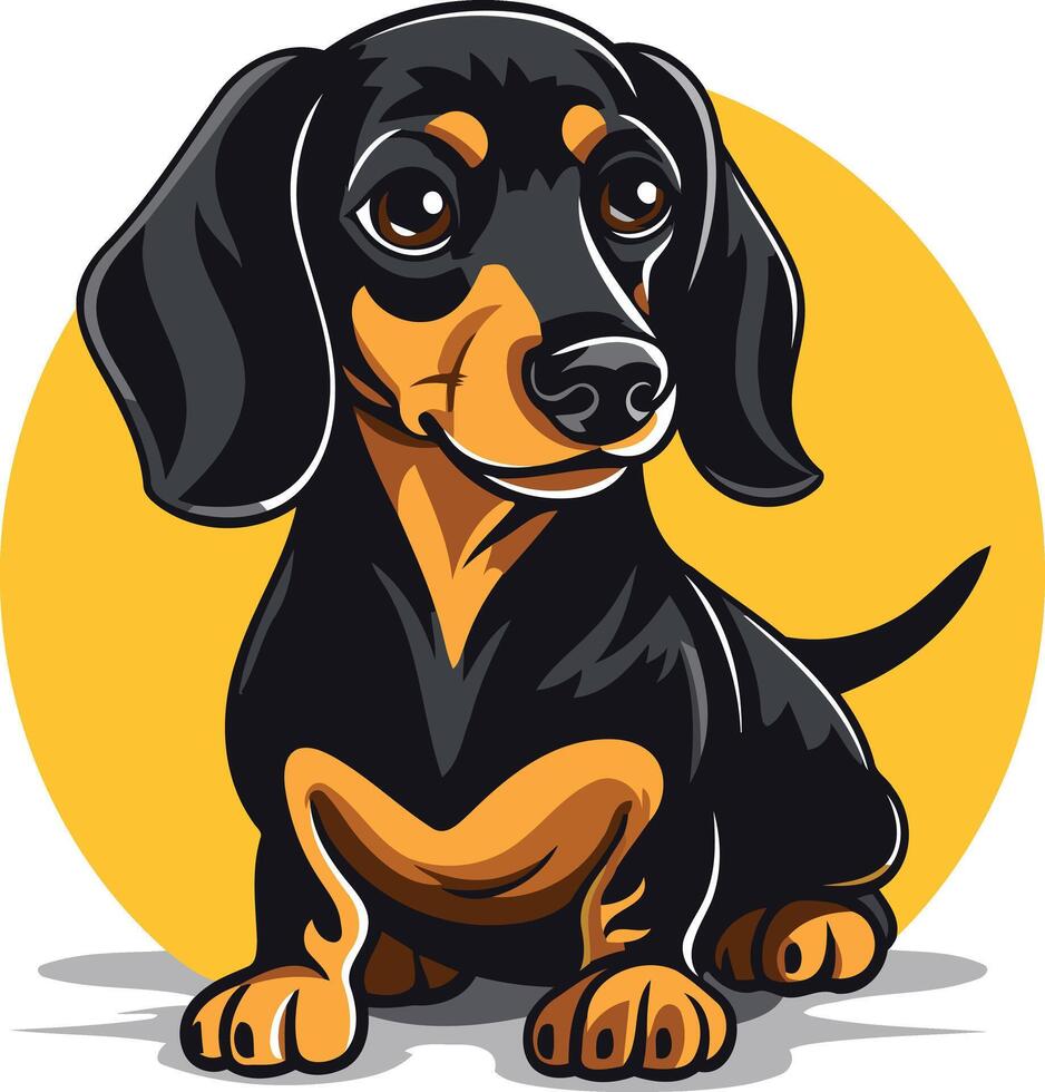 Cute cartoon dachshund with big brown eyes, sitting against a yellow background vector