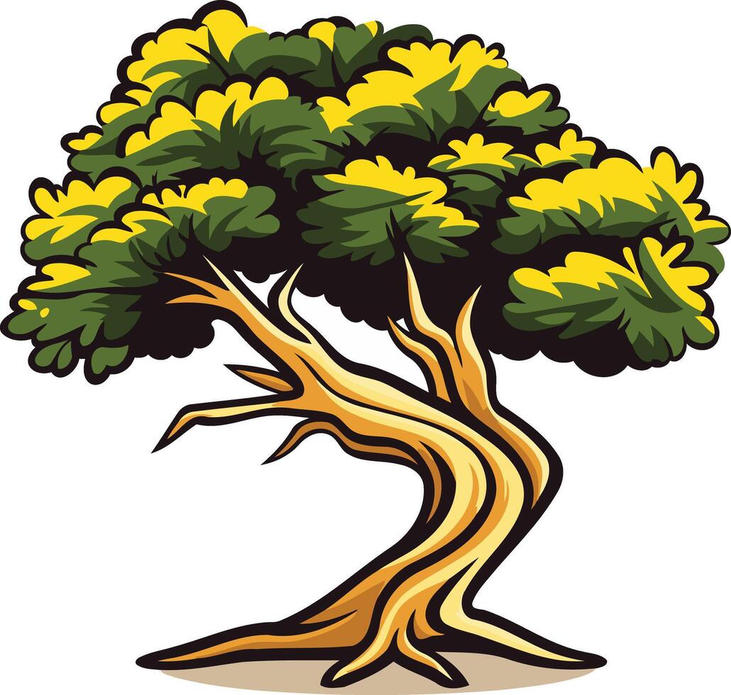 Cartoon illustration of a stylized green tree with yellow highlights, perfect for use in children s books, websites, and educational materials vector