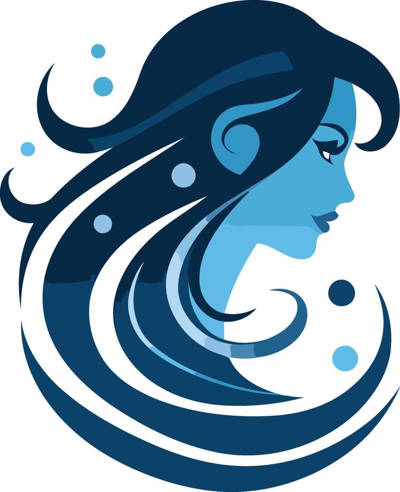 A stylish and abstract logo featuring a woman s profile with flowing hair, designed in a modern blue color scheme vector