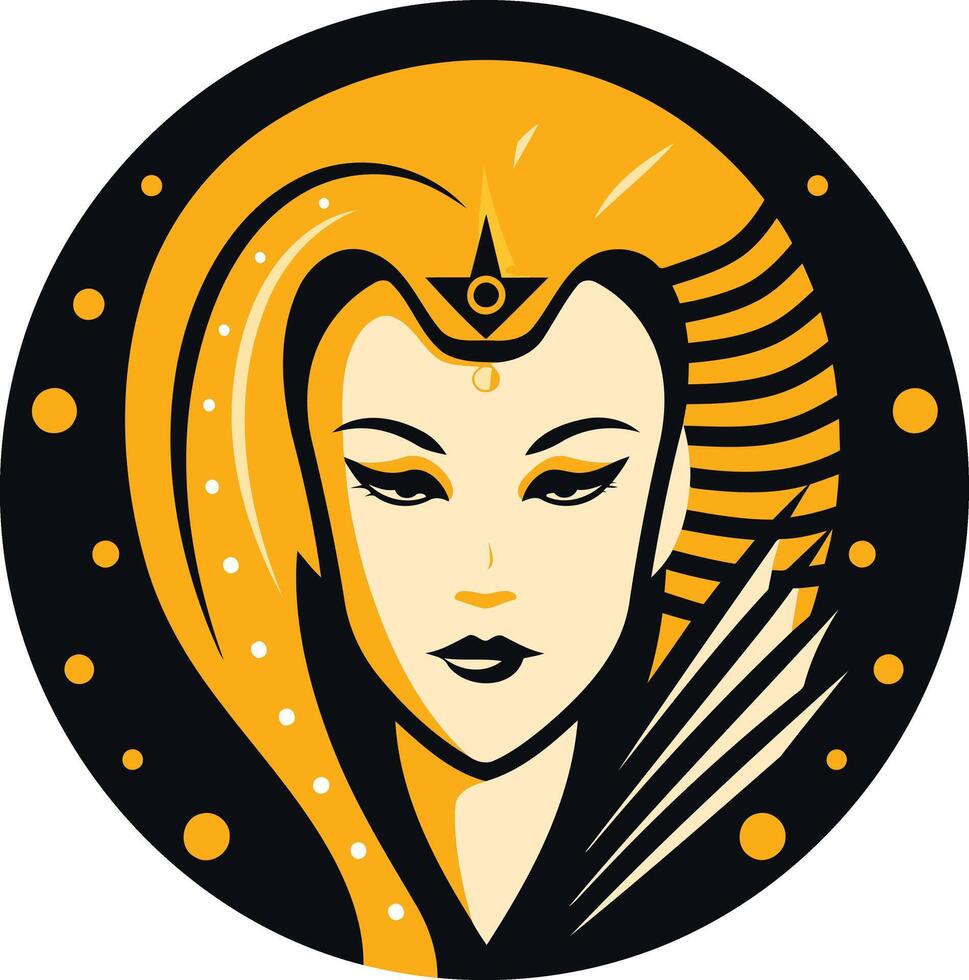 A striking, stylized illustration of a woman s face, framed in a circular design with bold black and yellow colors vector