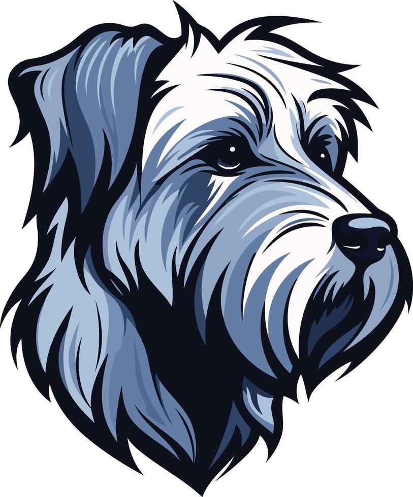 A striking illustration of a scruffy dog s head in a blue and grey color scheme vector