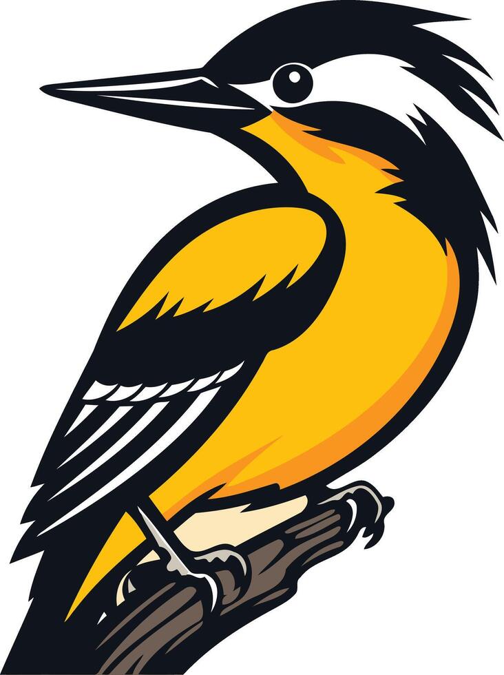 A vibrant cartoon illustration of a yellow and black bird perched on a branch vector