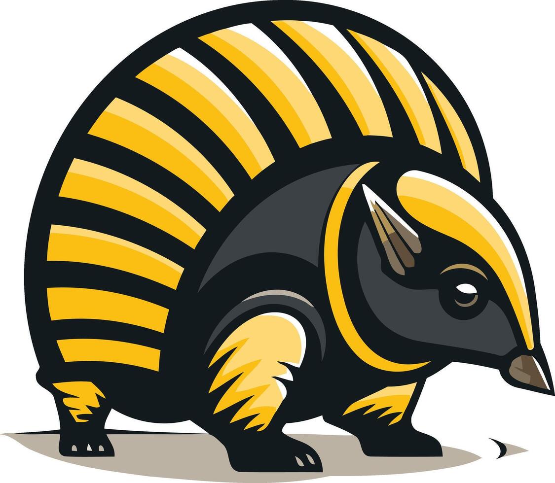 A bold, cartoonish illustration of an armadillo with black and yellow stripes vector