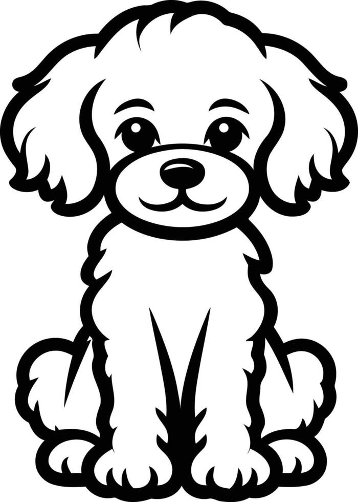 Adorable black and white cartoon illustration of a cute poodle puppy sitting with big ears vector